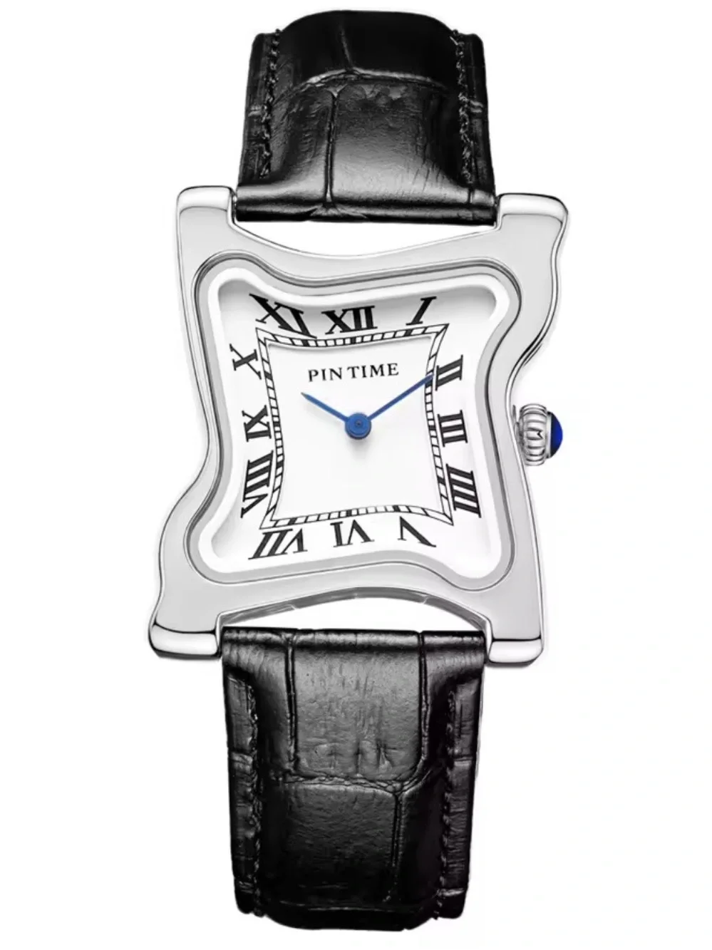 New unisex PIN TIME Distorted Square Silver Watch with Black Leather Strap
